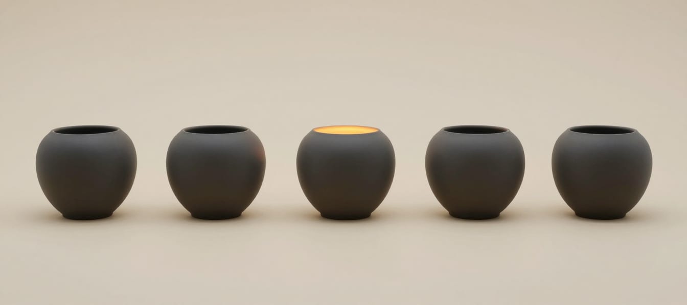 Five identical matte charcoal vessels in a row on a warm off-white ground; exactly one of them glows with a warm light inside.