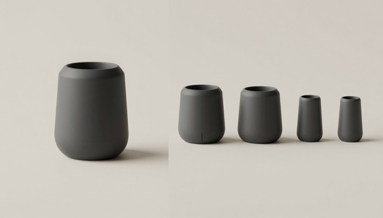 One sealed charcoal object on the left; four separable pieces of the same material laid out on the right.